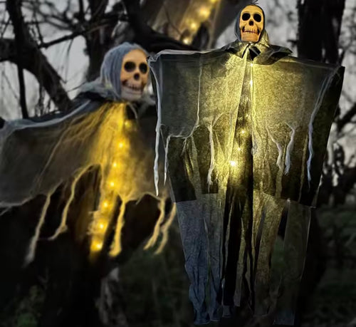 1 unidad de esqueleto de calavera luminoso de Halloween, fantasma colgante de gasa, decoración para el hogar, jardín exterior, accesorios de terror para fiestas de Halloween 2026