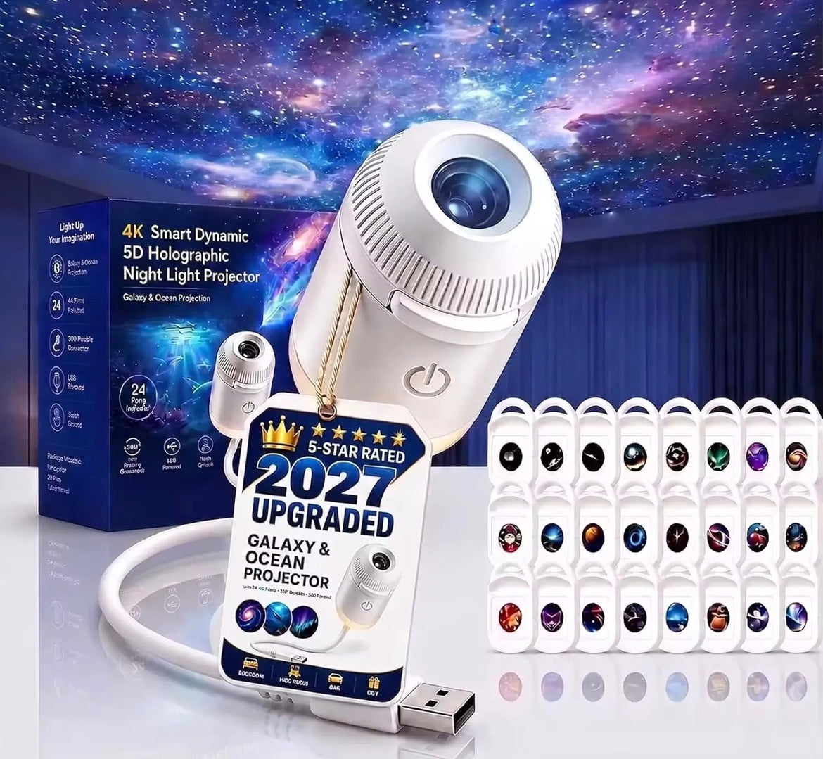 Proyector de Galaxia y Luz Nocturna 2-en-1 Actualizado 2027 – Proyector de Techo de Estrellas 5D Holofgráfico Inteligente 4K con Múltiples Películas, Cuello Flexible y Alimentación USB.